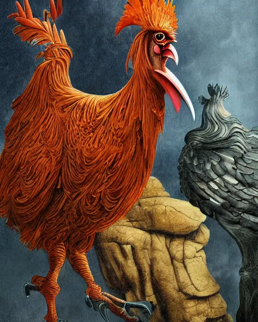 Image similar to digital painting of an angry and ominous mechanical rooster, by wayne barlowe and bob pepper and salvador dali, dieselpunk, highly detailed, intricate, sharp focus, portrait, talons, anatomy, beak, wings