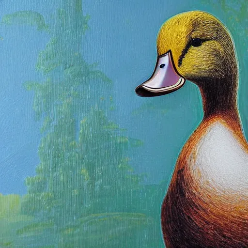 Prompt: photo of a duck made of glass in front of a painting
