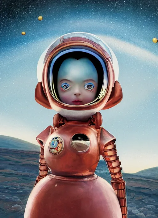 Image similar to closeup portrait of tin toy askimo spacegirl in a spaceship on mars, depth of field, zeiss lens, detailed, symmetrical, centered, fashion photoshoot, by nicoletta ceccoli, mark ryden, lostfish, breathtaking, 8 k resolution, extremely detailed, beautiful, establishing shot, artistic, hyperrealistic, octane render