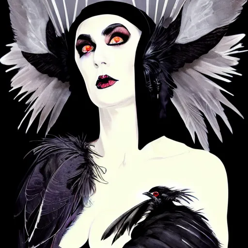 Prompt: portrait soft light, goth woman as mysterious supervillain in black hooded cloak and modestly clothed victorian goth, black feathers instead of hair, black wings instead of arms, gray mottled skin, black feathers growing out of skin, transforming, by frank mccarthy and conrad roset, inspired by flash gordon, paintbrush, rough paper, fine,