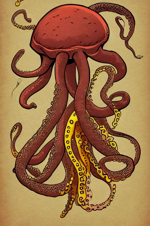 Image similar to illustration of a cheeseburger as an octopus, poster, highly detailed, 8 k, fine lines, trending on artstation