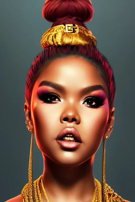 Image similar to portrait of young lil Kim rapper, Brooklyn background, highly detailed and rendered gold jewelry, digital art, intricate, sharp focus, Trending on Artstation, HQ, unreal engine 5, 4K UHD image, by brom, artgerm, face by Otto Schmidt