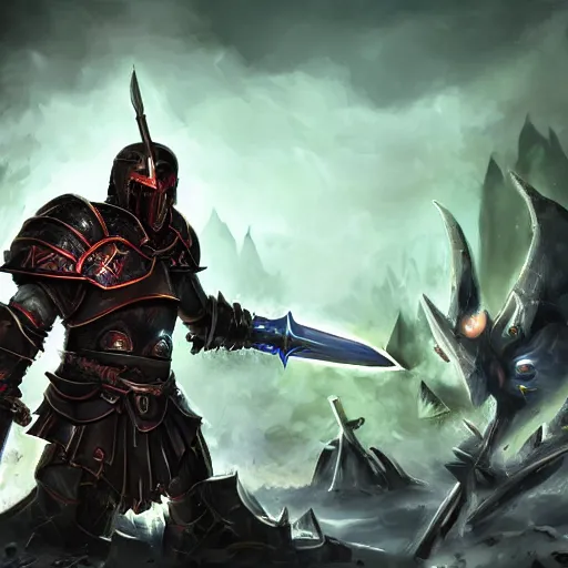 Prompt: Ares with heavy armor and sword, heavy knight helmet, dark sword in Ares's hand, war theme, bloodbath battlefield backgroubd, fiery battle coloring, hearthstone art style, epic fantasy style art, fantasy epic digital art, epic fantasy card game art