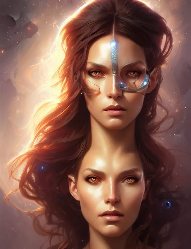 Image similar to futuristic woman portrait, sci-fi, amber eyes, face, long hair, fantasy, intricate, elegant, highly detailed, digital painting, artstation, concept art, smooth, sharp focus, illustration, art by artgerm and greg rutkowski and alphonse mucha