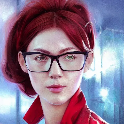 Prompt: an portrait of an female wearing nurse uniform with short sleeves, blue gloves, red hair, glasses, glossy lips, digital painting, artstation, concept art, donato giancola, Joseph Christian Leyendecker, WLOP, Boris Vallejo, Breathtaking, 8k resolution, extremely detailed, beautiful, establishing shot, artistic, hyperrealistic, octane render, cinematic lighting, dramatic lighting, masterpiece, light brazen, extremely detailed and beautiful face