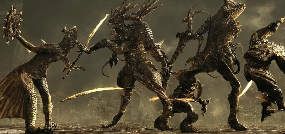 Prompt: lizards in dark souls armor battling a boss