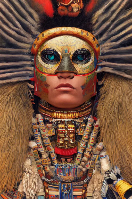 Prompt: portrait of a beautiful a Hopi kachina, Warhammer, highly detailed, artstation, illustration, art by Gustav Klimt and Range Murata and Ilya Kuvshinov and Sakimichan