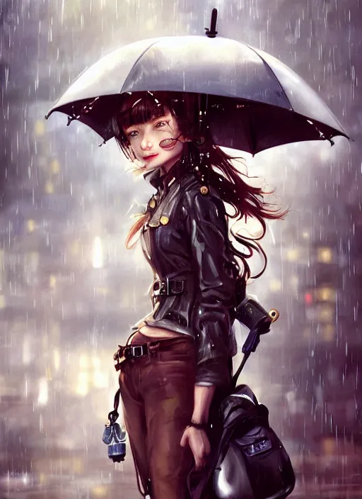 Image similar to girl, steampunk, goggles, pilot, standing in the rain with an umbrella, wet, raindrops, portait, made by stanley artgerm lau, wlop, rossdraws, james jean, andrei riabovitchev, marc simonetti, yoshitaka amano, artstation