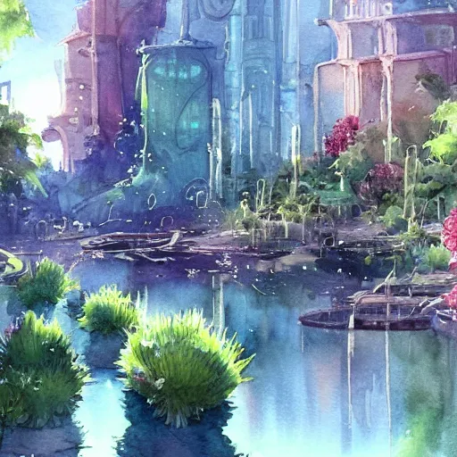 Image similar to Beautiful happy picturesque charming sci-fi town in harmony with nature. Beautiful light. Water and plants. Nice colour scheme, soft warm colour. Beautiful detailed artsy watercolor by Vincent. (2022)