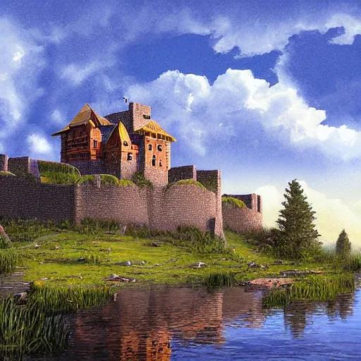 Image similar to fortress in the back country beside a lake, Darrell k sweet, digital art