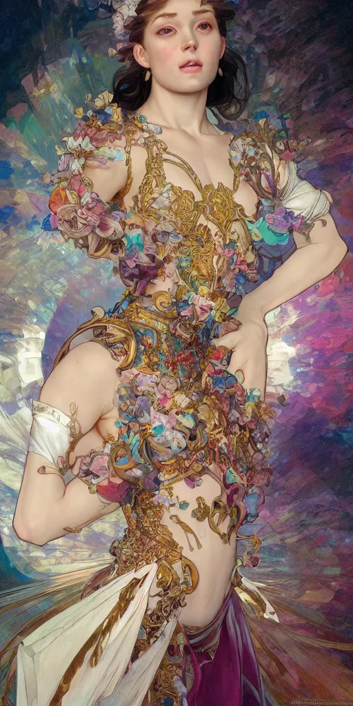 Prompt: portrait of tragedy, full body expressive pose, acrobatic, rainbow eyes, ornate frilly dress, fantasy, intricate, elegant, highly detailed, digital painting, artstation, concept art, smooth, sharp focus, illustration, art by artgerm and greg rutkowski and alphonse mucha, octane render, 3d, hyperrealistic