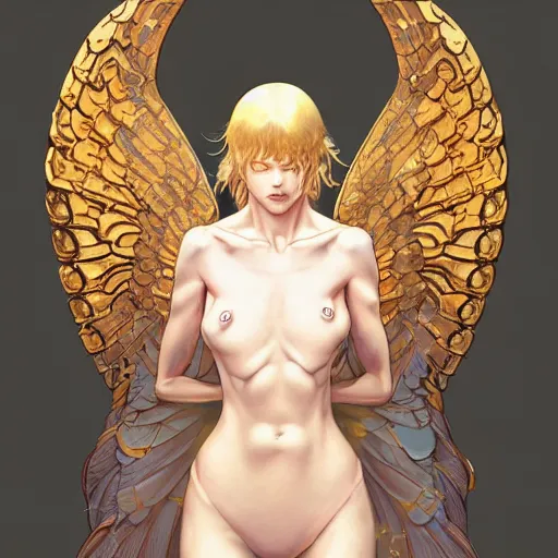 Prompt: prompt : angel women with golden wings soft light painted by james jean and katsuhiro otomo and erik jones, inspired by akira anime, smooth face feature, intricate oil painting, high detail illustration, sharp high detail, manga and anime 1 9 9 9