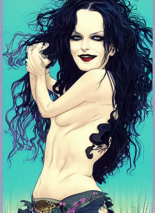 Image similar to death of sandman by neil gaiman, cute gothette, black crop top, smiling, happy, photorealistic, sunset clouds, glamour pose, detailed illustration, digital art, trending on artstation, soft ambient lighting, volumetric lighting, rim lighting, yoshitaka amano, alphonse mucha, arney freytag, maxfield parrish, new art nouveau