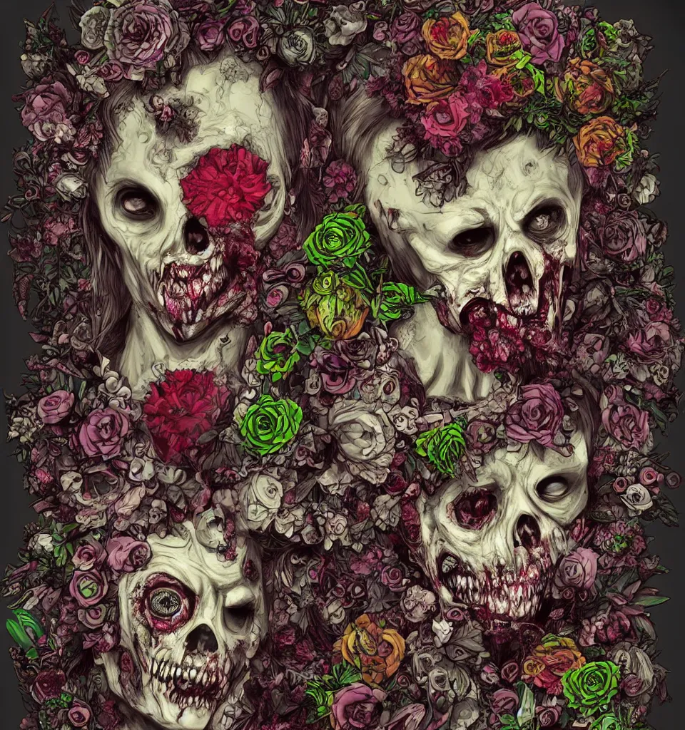 Image similar to zombie, punk rock, young male, bearded, multicolored faces, fruit and flowers, gemstones for eyes, botanical, vanitas, sculptural, baroque, rococo, intricate detail, spiral, ornamental, kaleidoscopic, soft, elegant, beautiful