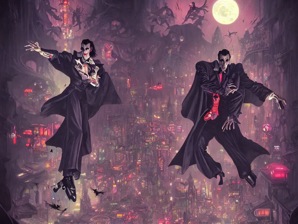 Prompt: dracula dancing on roller skates surrounded by bats and a full moon in the style of american traditional tattoo, neon, cyberpunk, futuristic, stunning, highly detailed, digital painting, smooth, soft focus, illustration, movie poster, japanese typography, digital art from artstation by artgerm and greg rutkowski and alphonse mucha