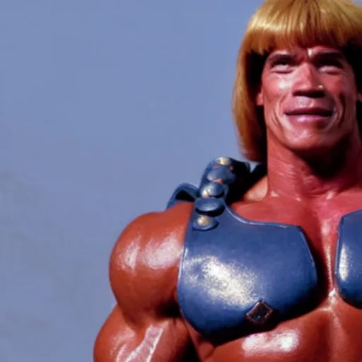 Image similar to Arnold Schwarzenegger dressed as He-Man, ultra realistic movie frame, cinematic lighting