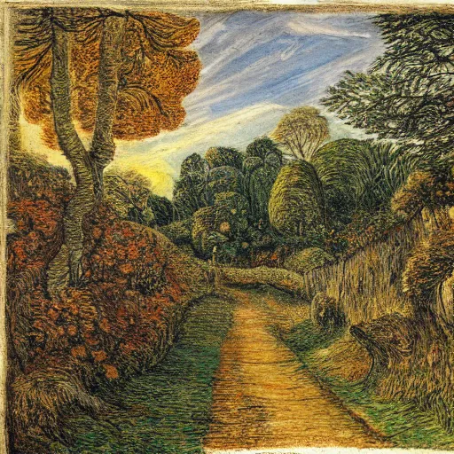 Prompt: a country path in the style of Samuel Palmer