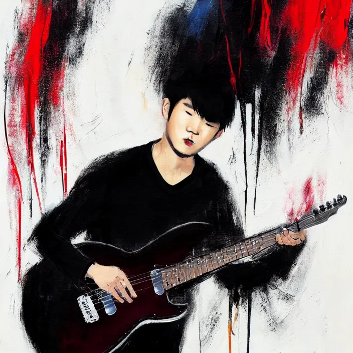 Prompt: large brush painting of a young korean male musician wearing stylish black v neck t shirt holding a telecaster!!! electric guitar!!, candid!! dark background, thick flowing dramatic brush strokes, dark matte colors, abstract, impressionist, motion, trending on artstation