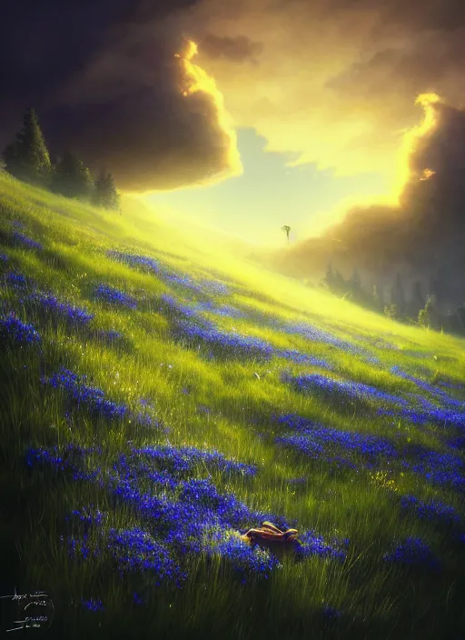 Prompt: midnight, meadows on hills, blue flowers bloomed all over, glowing spores flying, photo, cinematic view, epic sky, detailed, concept art, low angle, high detail, warm lighting, volumetric, godrays, vivid, beautiful, trending on artstation, by jordan grimmer, huge scene, grass, art greg rutkowski