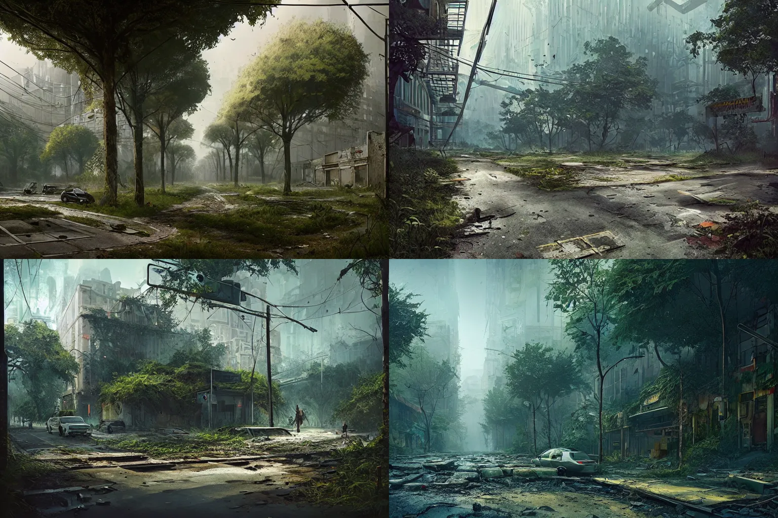 Prompt: concept art of an abandoned ruined big city street overgrown with nature by filip hodas, hyper realistic, unreal engine, atmospheric, detailed