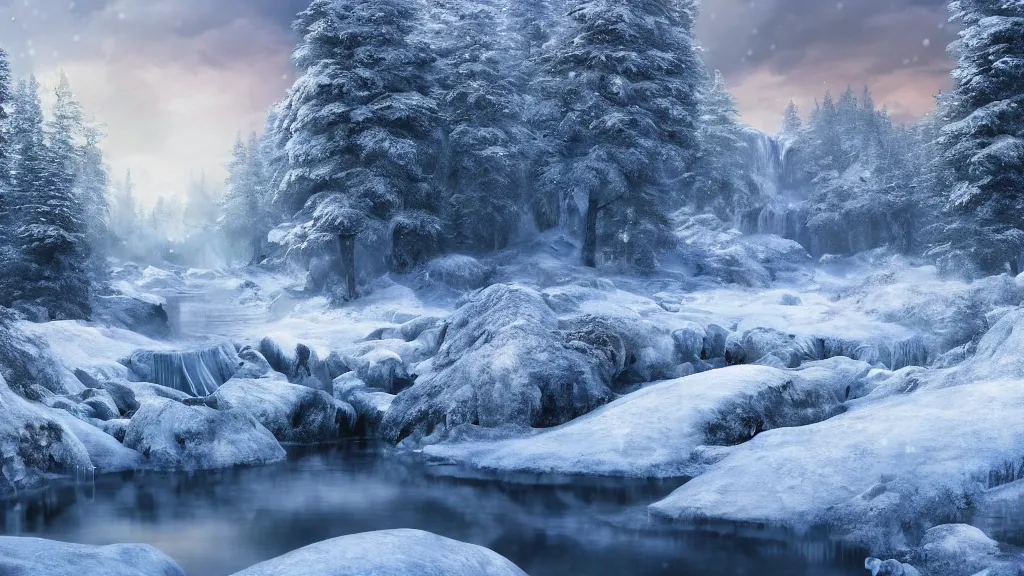 Prompt: snowy frozen river with ice waterfall dense pine forest , Game of Thrones, volumetric lighting, fantasy artwork, very beautiful scenery, very realistic painting effect, hd, hdr, cinematic 4k wallpaper, 8k, ultra detailed, high resolution, artstation