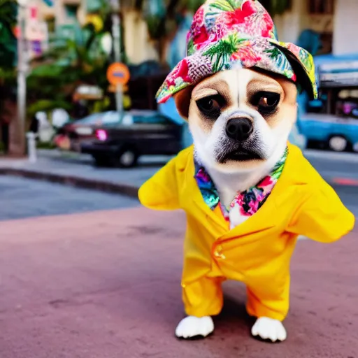 Image similar to a volatile pugalier wearing a hawaiian shirt, living in the city, disney character, cartoonish, claymation, photo by wes anderson