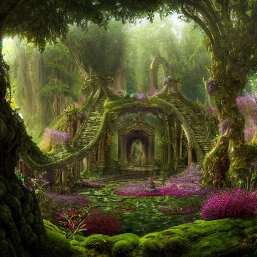 Image similar to a beautiful and highly detailed matte painting of a lost celtic elven temple in a magical fantasy garden in a lush forest, colorful flowers, psychedelic patterns, epic scale, insanely complex, hyperdetailed, sharp focus, hyperrealism, artstation, cgsociety, 8 k, bright colors, by caspar friedrich, albert bierstadt, james gurney, brian froud,