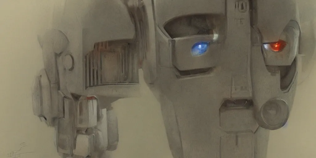 Image similar to a screamed painting of robot by alan lee, trending on artstation