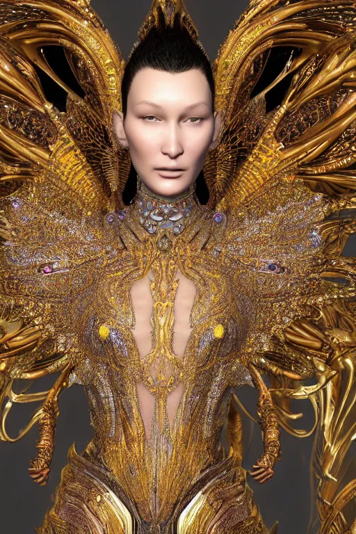 Prompt: a highly detailed metahuman 4 k close up render of an alien goddess bella hadid as seraphim in iris van herpen dress schiaparelli in diamonds swarovski and jewelry in style of alphonse mucha gustav klimt trending on artstation made in unreal engine 4