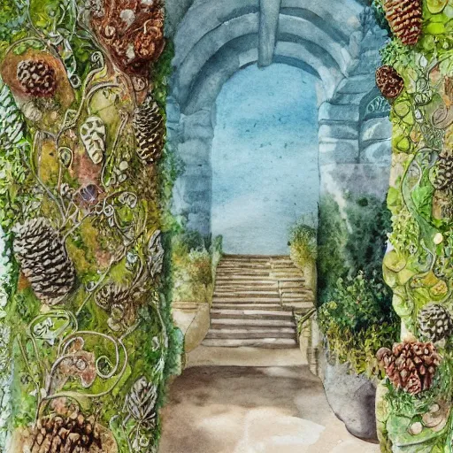 Image similar to delicate boundary walls coastline garden on paper, spirals, stony, floating, puffy, vines, botanical herbarium, botanic watercolors, iridescent, 8 k wide angle, realistic shaded, fine details, artstation, italian, rainbow, colonnade, oak, pinecone, pomegranade, vines, gardena architecture, pompeian, sicilian