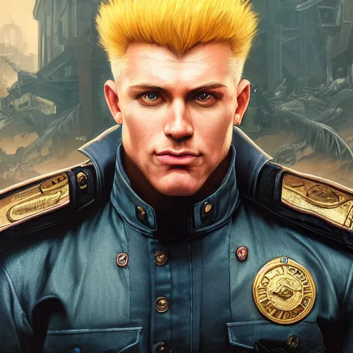 Image similar to kyle gas as guile from street fighter, ultra realistic, concept art, intricate details, eerie, highly detailed, photorealistic, octane render, 8 k, unreal engine. art by artgerm and greg rutkowski and magali villeneuve and alphonse mucha