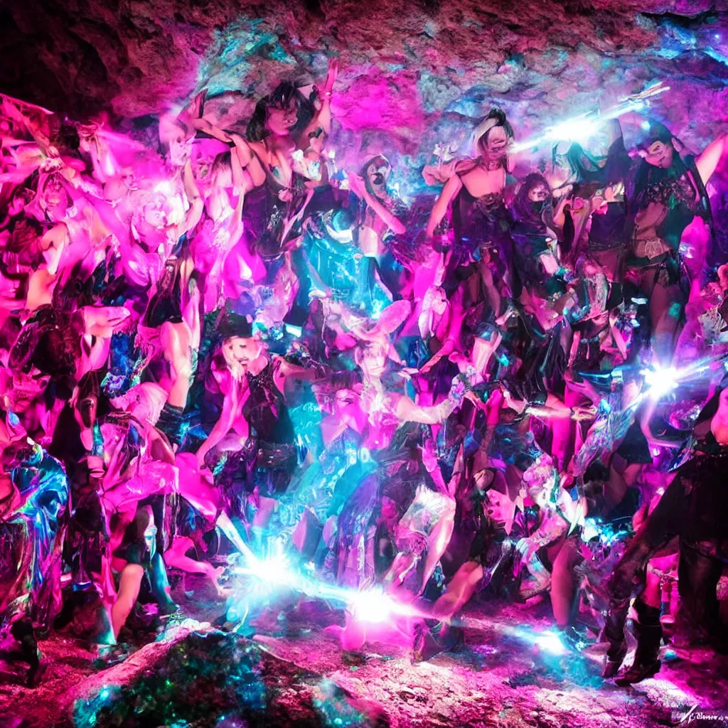 Image similar to cinematic shot of a goth disco in a cave, holographic knives!!! with pink lasers and blue crystals, brutal weapons!!! holographic knives!!! goth people dancing, dark evil ritual, 8 k photograph