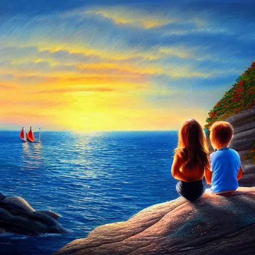 Prompt: stunning painting of a girl and a boy watches the sea, on the edge of the sea at the rocks, night, starts, front edge islands with night lights, by digital art, awarded