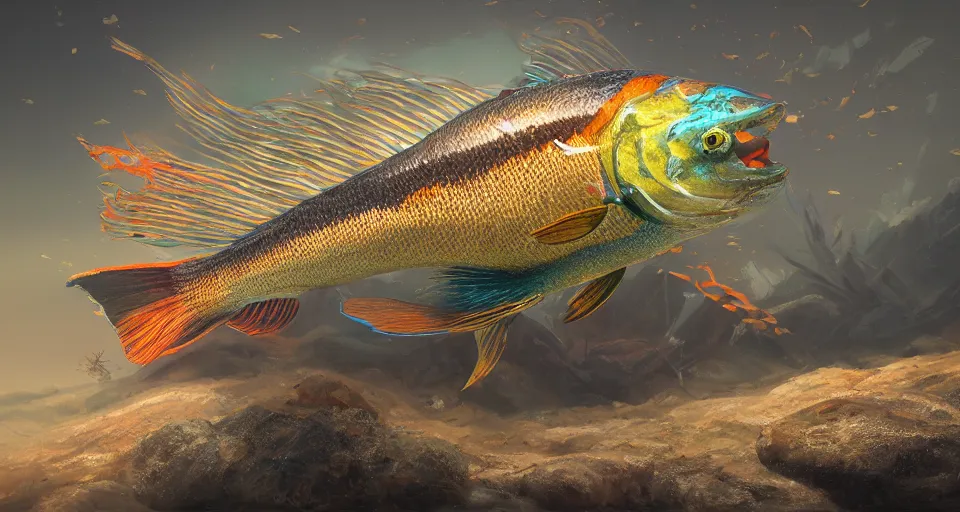 Prompt: a beautiful painting of a fish with knives, octane render, brilliantly coloured, intricate, ultra wide angle, trending on artstation, dusk, volumetric lighting, polished, micro details, ray tracing, 8k