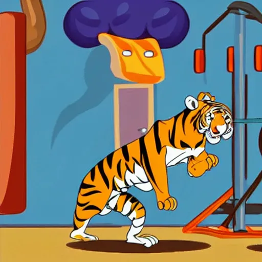 Prompt: “a tiger exercising at a gym, children cartoon, Disney”