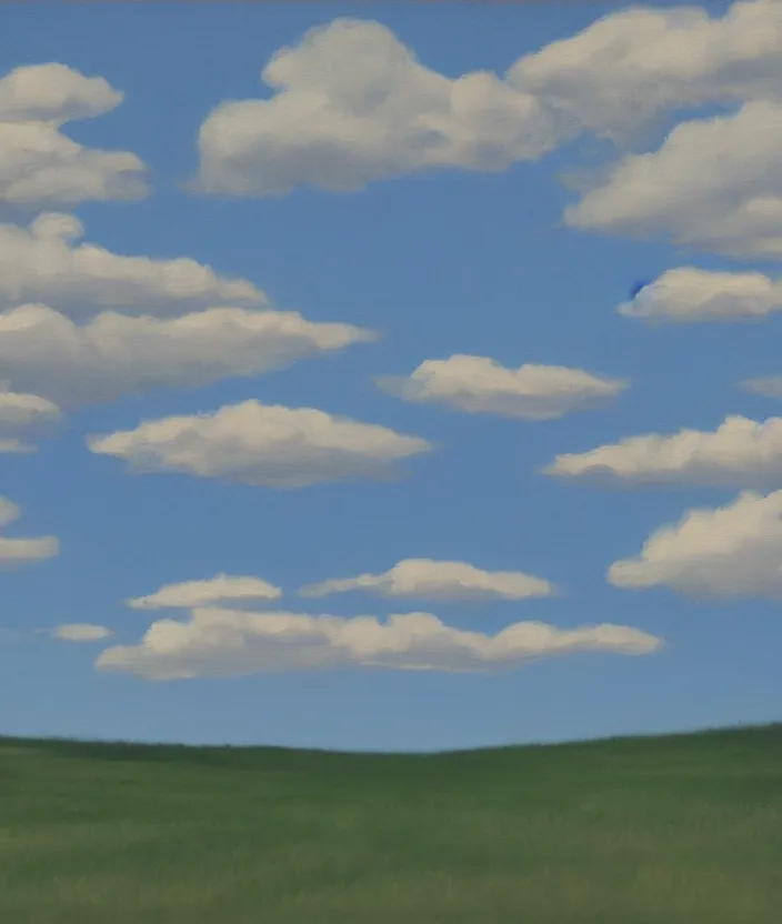 Image similar to baby blue sky with very aesthetic stylized clouds, in the style of edward hopper, very fine brushstrokes, 4 k,
