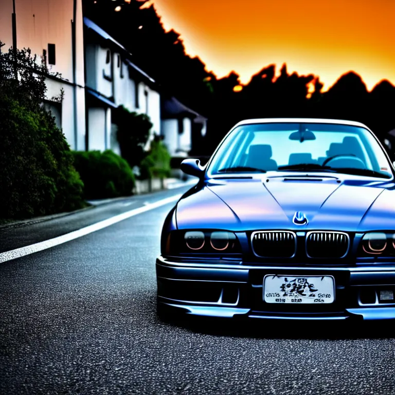 Image similar to close-up-photo BMW E36 middle of street, sunset kanagawa prefecture, night, cinematic color, photorealistic, highly detailed,