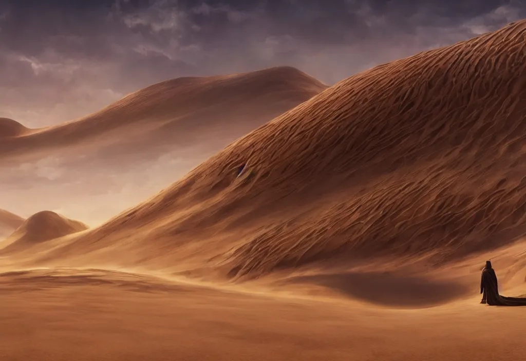 Image similar to a dramatic epic ethereal stunning beautiful and insanely detailed matte painting of the movie Dune, atmospheric!! and vaporwave composition, digital art by John Martin and Jean Giraud, winning-award masterpiece, fantastic, octane render, 8K HD Resolution, High quality image