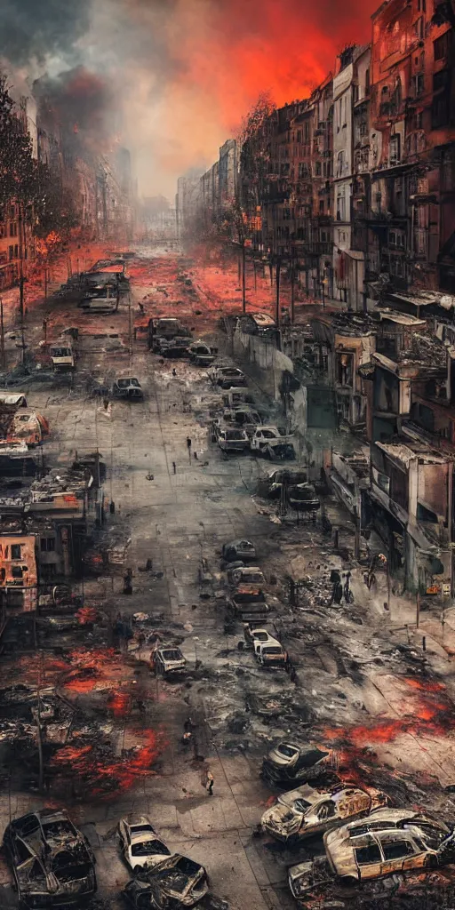 Prompt: post - apocalyptic kreuzberg streets covered in colorful smoke, burned cars, explosions, hyperrealistic, gritty, damaged, dark, urban photography, photorealistic, high details