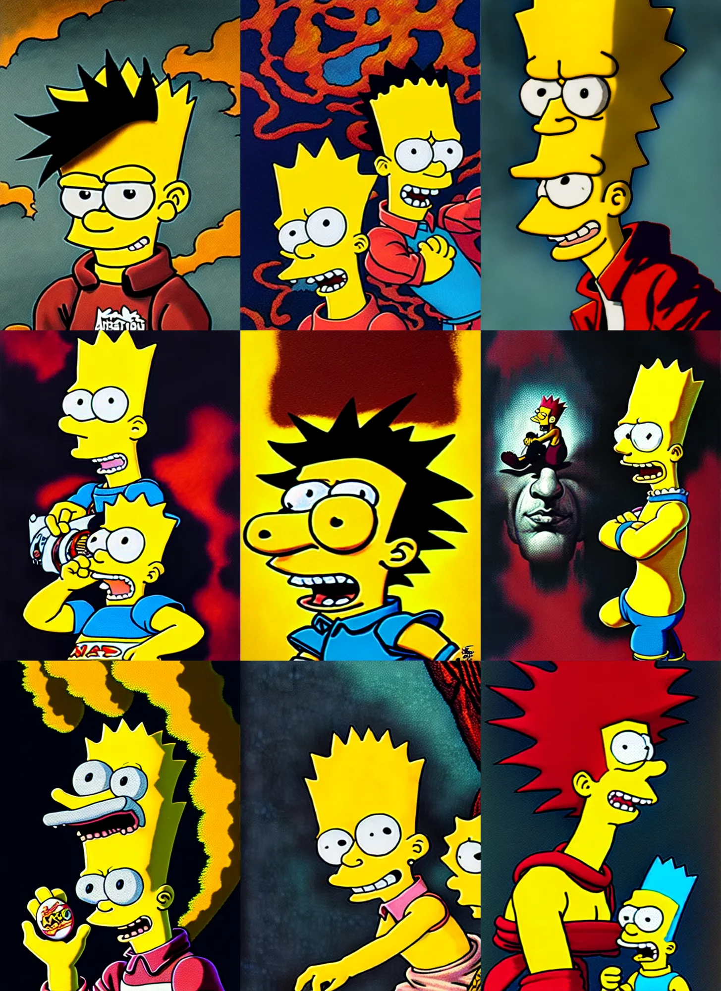 Prompt: bart simpson and akira, Neo Rococo Expressionist, Maximalism, orientalism, diffuse lighting, fantasy, intricate, elegant, highly detailed, lifelike, photorealistic, digital painting, artstation, illustration, concept art, smooth, sharp focus, art by John Collier and Albert Aublet and Krenz Cushart and Artem Demura and Alphonse Mucha