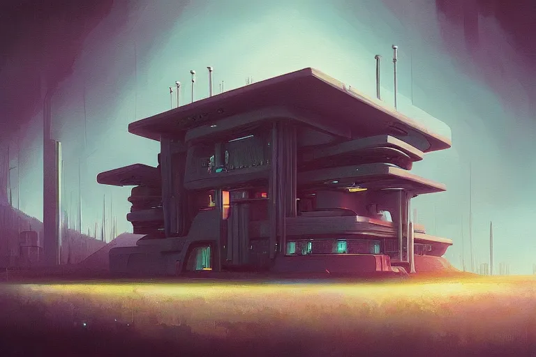 Image similar to beautiful painting of a futuristic house in the style of Simon Stålenhag and H. R. Giger, detailed, trending on Artstation