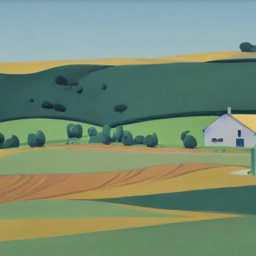 Image similar to dreaming futuristic rural landscape with modern houses, painted by Alex Katz and Edward Hopper, airbrush, highly detailed