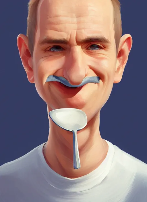 Image similar to portrait of a russian young man with a spoon on top of his nose, big grin, wrinkled eyes, wise forehead, big lips, round portruding chin, white background, youthful colours, thin sharp lines, digital painting, artstation, matte, sharp focus, illustration, realistic anime artstyle