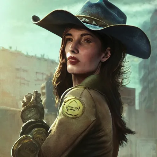 Prompt: fallout 5, charismatic beautiful, rugged, brunette female protagonist wearing a cowboy - hat, portrait, outdoors ruined cityscape, atmospheric lighting, painted, intricate, volumetric lighting, beautiful, spring, sharp focus, deep colours, ultra detailed, by leesha hannigan, ross tran, thierry doizon, kai carpenter, ignacio fernandez rios