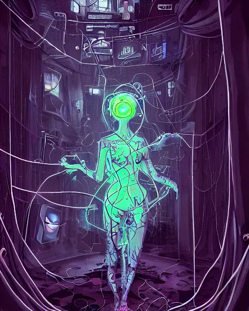 Image similar to eldritch cultist intertwined with technology, paranoia, wires, occult symbols, cyberpunk psychedelia, dark oil vibes, digital art, very detailed, colored, blotch watercolors, clean lines, artstation