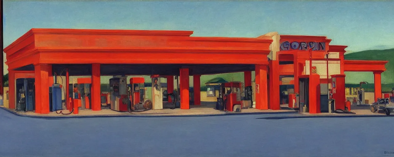 Prompt: burning gas station by edward hopper