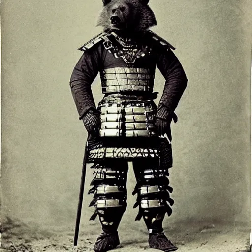 Image similar to “grizzly bear in full ornate samurai armour, 1900’s photo”