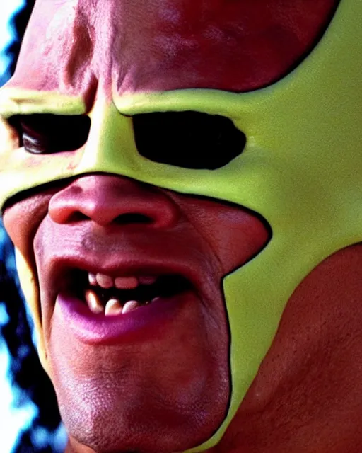 Image similar to film still close - up shot of dwayne johnson as jim carrey from the movie the mask. photographic, photography