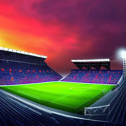 Image similar to soccer stadium, full crowd, detailed soccer field, high def, modern looking stadium, 8 k, hd, colourful sunset sky,