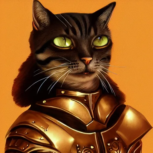 Prompt: a portrait of a cat wearing an armor, riding on a prancing horse, golden hour, illustration, digital art, trending on artstation